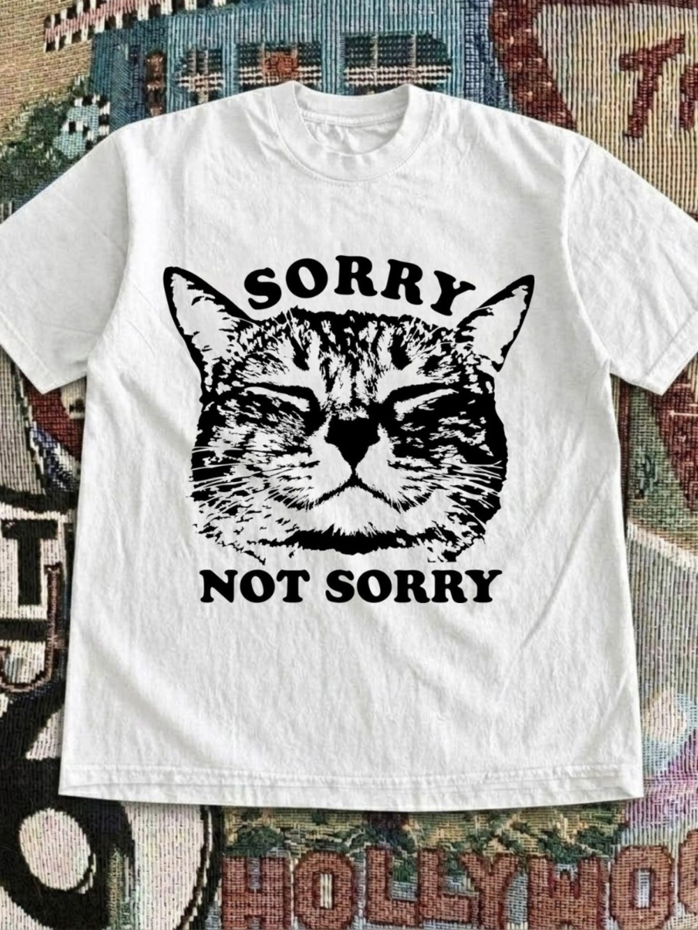 Sorry Not Sorry Cat Graphic T-Shirt - White Cotton Size M